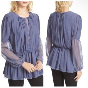 Free People Dusty Blue Sheer-Sleeve Peplum Blouse